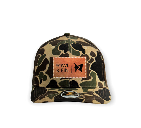 Duck Camo / Brown - Leather Patch Trucker Hat