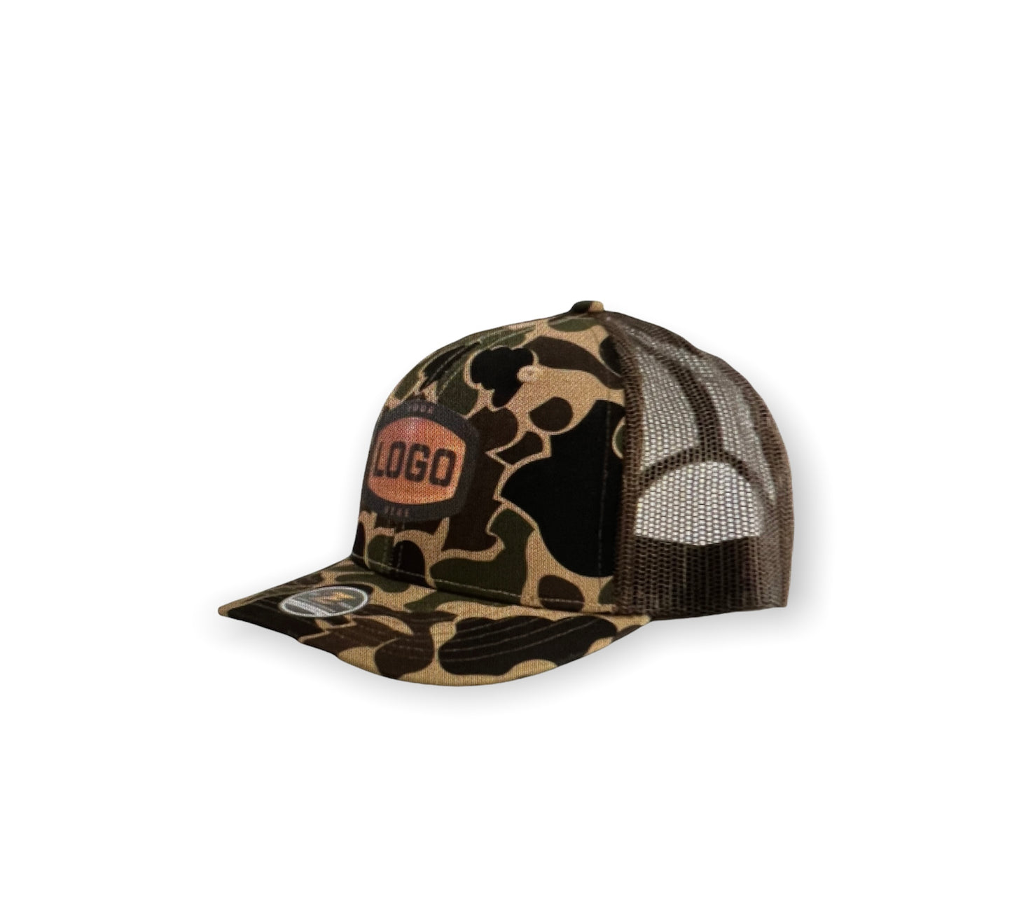 Duck Camo / Brown - Leather Patch Trucker Hat
